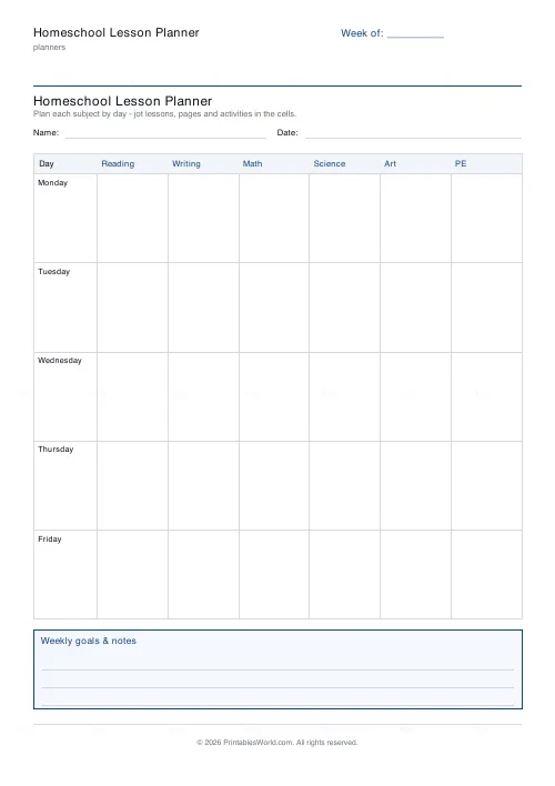 Free printable homeschool lesson planner (Six subjects), PDF download