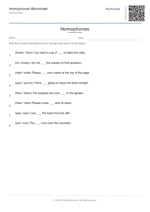 Free printable homophones worksheet — 8 sentences — PDF download