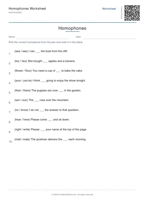 Free printable homophones worksheet — 12 sentences — PDF download