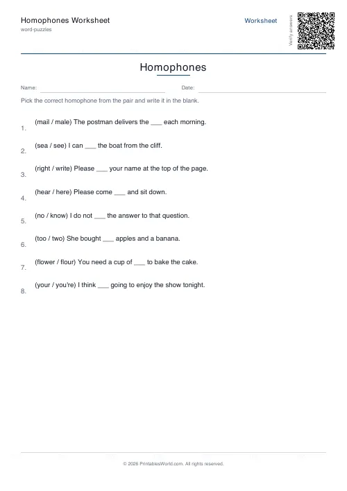 Free printable homophones worksheet — 8 sentences, with answer key — PDF download
