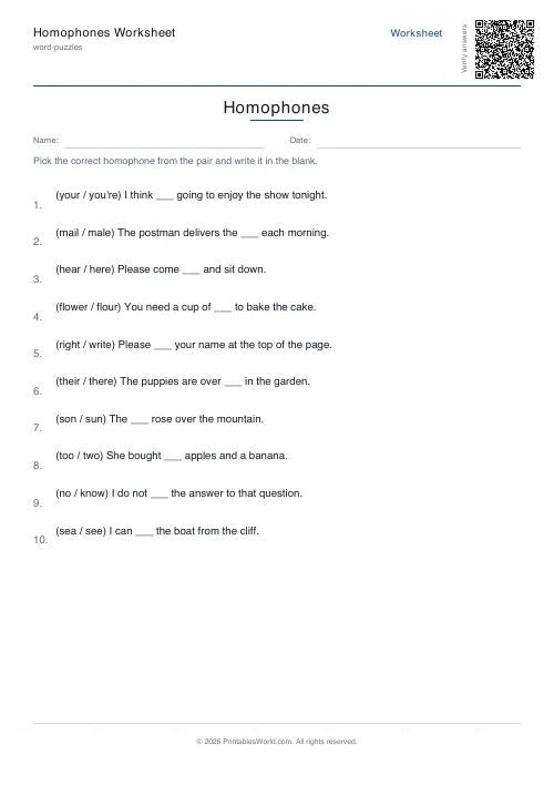 Free printable homophones worksheet — 12 sentences, with answer key — PDF download