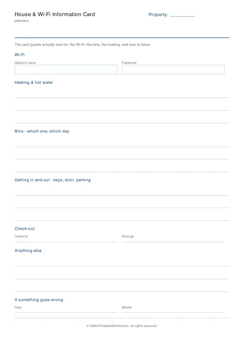 Free printable house and Wi-Fi information card (No name and date band), PDF download