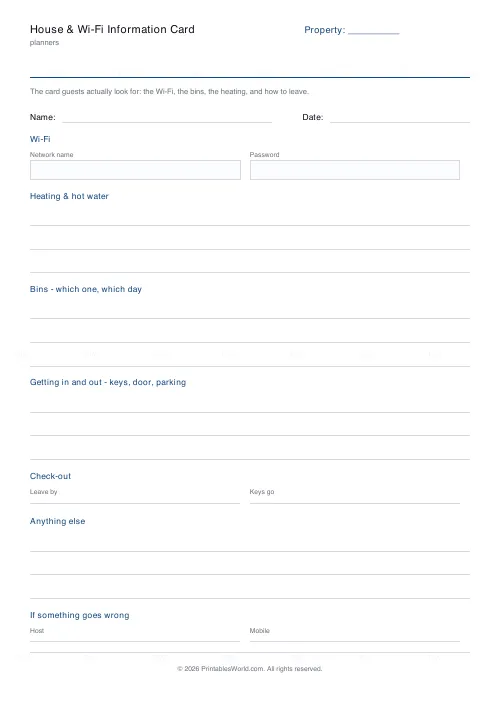 Free printable house and Wi-Fi information card (With a name and date band), PDF download
