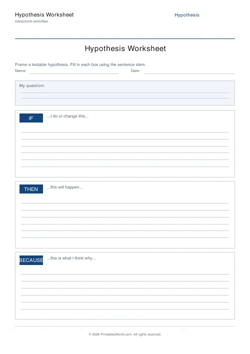 Free printable hypothesis worksheet (Without variables), PDF download
