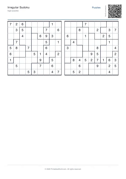 Free printable irregular sudoku puzzle — with answer key — PDF download
