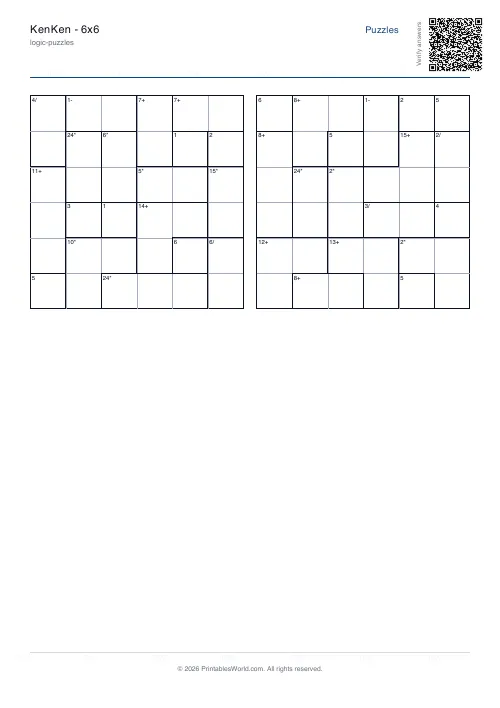 Free printable kenken puzzle — 6x6 — PDF download