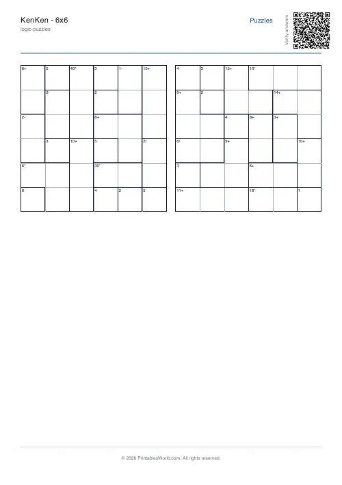 Free printable kenken puzzle — 6x6, with answer key — PDF download