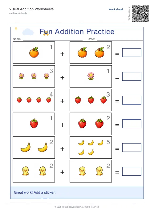 Free printable picture addition worksheet for kindergarten with count-and-add picture sums, set 1