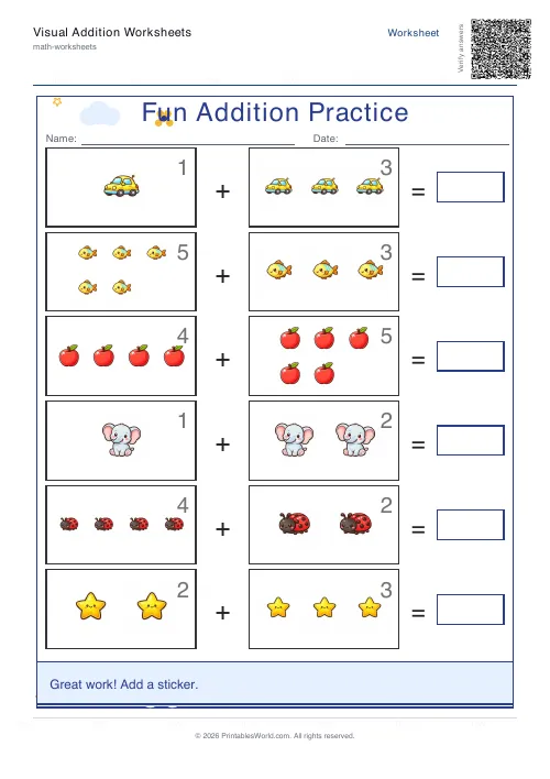 Free printable picture addition worksheet for kindergarten with count-and-add picture sums, set 2