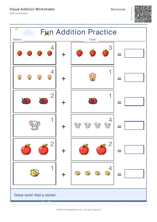 Free printable picture addition worksheet for kindergarten with count-and-add picture sums, set 4