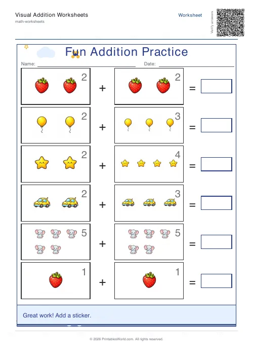 Free printable picture addition worksheet for kindergarten with count-and-add picture sums, set 8
