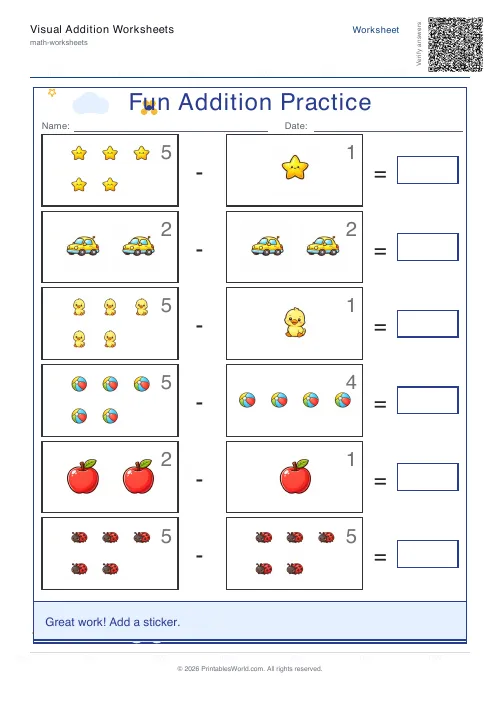 Free printable picture subtraction worksheet for kindergarten with count-and-take-away pictures, set 1