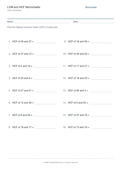 Free printable lcm and hcf worksheet (HCF), PDF download
