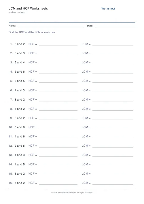 Free printable lcm and hcf worksheet (6, with answer key), PDF download