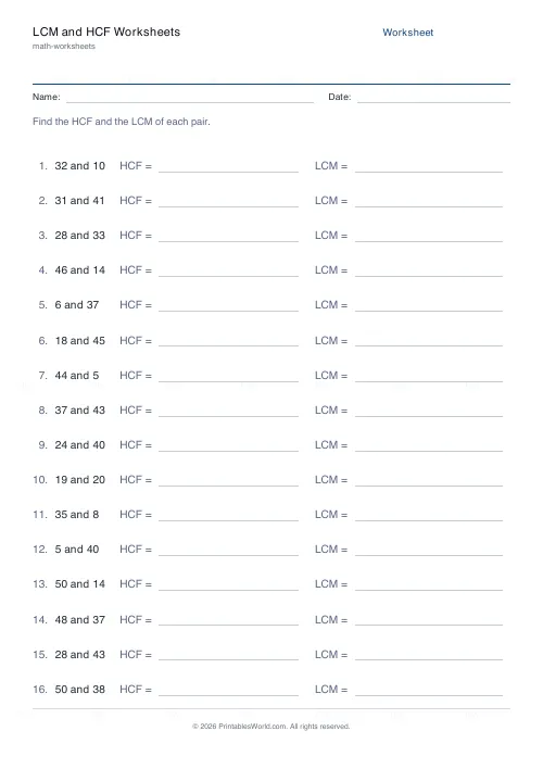 Free printable lcm and hcf worksheet (50, with answer key), PDF download