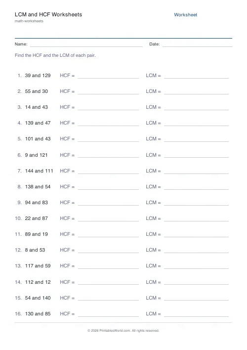 Free printable lcm and hcf worksheet (144, with answer key), PDF download