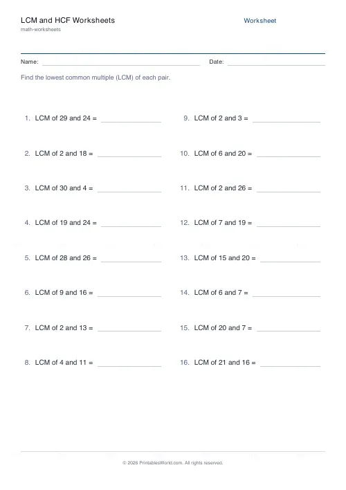 Free printable lcm and hcf worksheet (LCM), PDF download