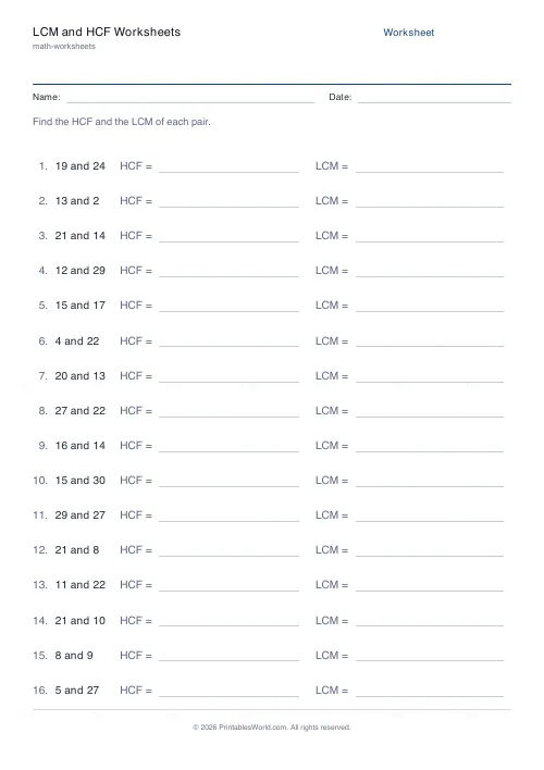 Free printable lcm and hcf worksheet (Both), PDF download