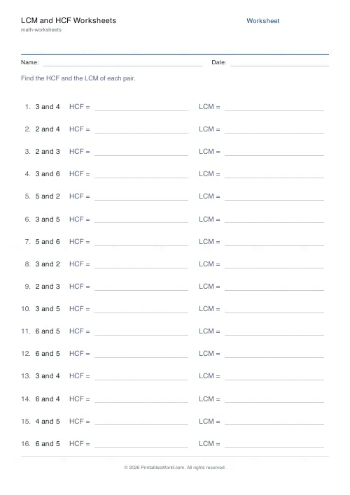 Free printable lcm and hcf worksheet (6), PDF download