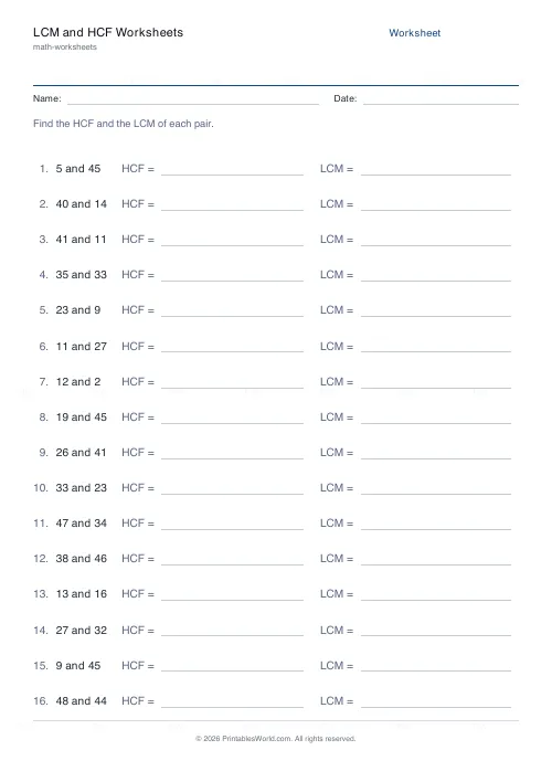 Free printable lcm and hcf worksheet (50), PDF download