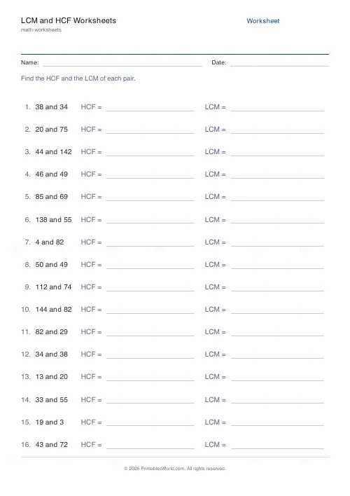 Free printable lcm and hcf worksheet (144), PDF download