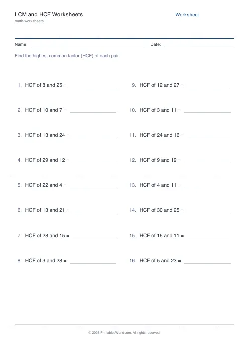 Free printable lcm and hcf worksheet (HCF, with answer key), PDF download