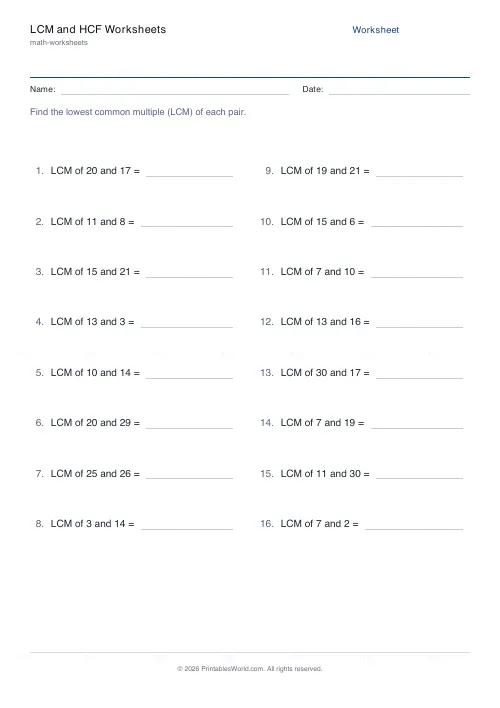 Free printable lcm and hcf worksheet (LCM, with answer key), PDF download