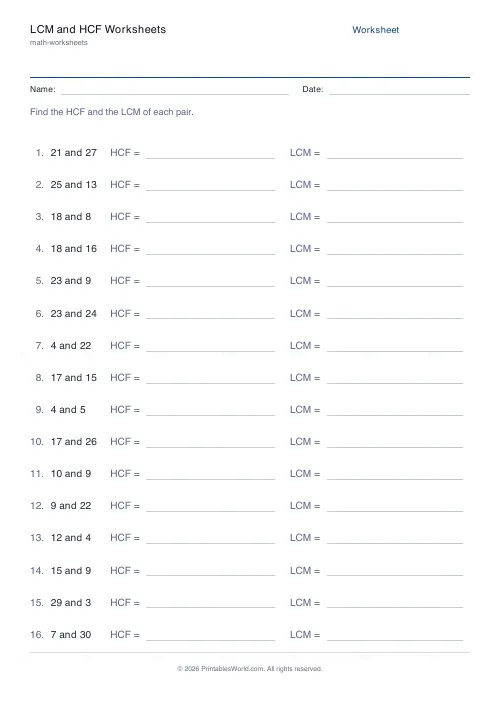 Free printable lcm and hcf worksheet (Both, with answer key), PDF download