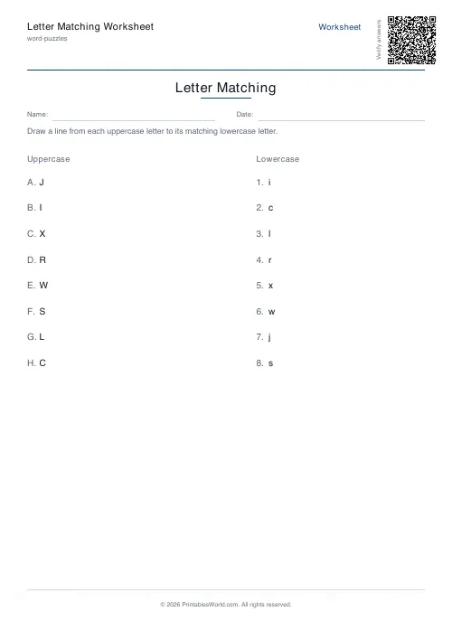 Free printable letter matching worksheet — 8 pairs — PDF download