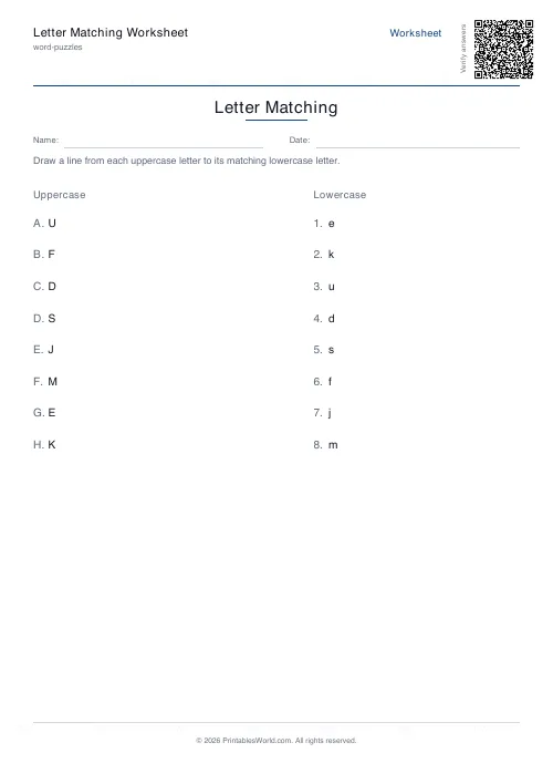 Free printable letter matching worksheet — 8 pairs, with answer key — PDF download