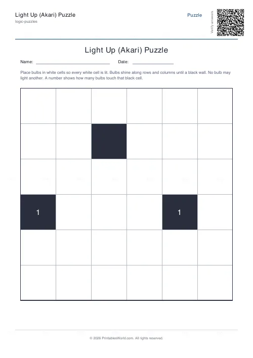 Free printable akari light up puzzle (6x6, with answer key), PDF download