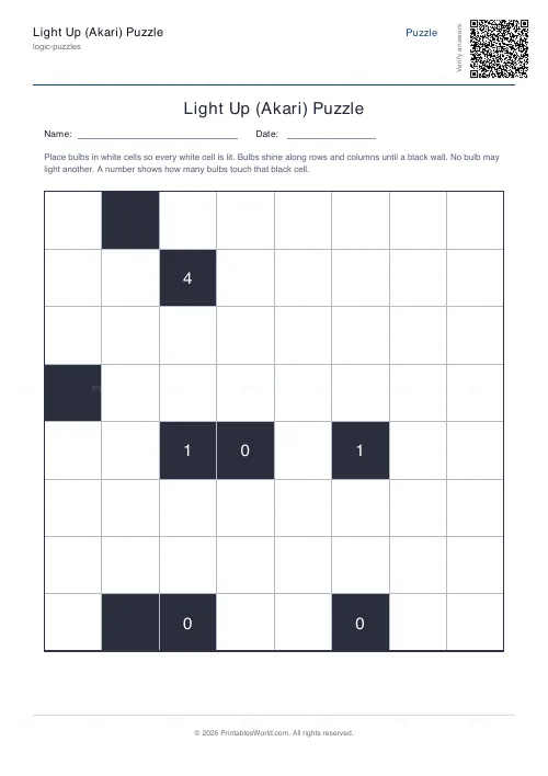 Free printable akari light up puzzle (8x8, with answer key), PDF download