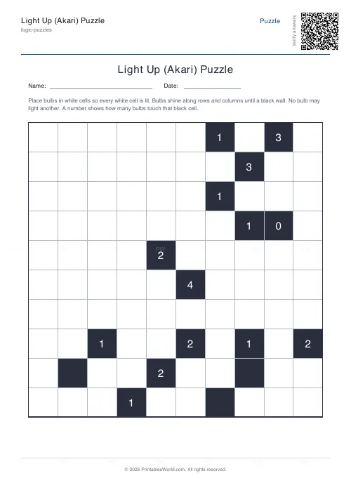 Free printable akari light up puzzle (10x10, with answer key), PDF download