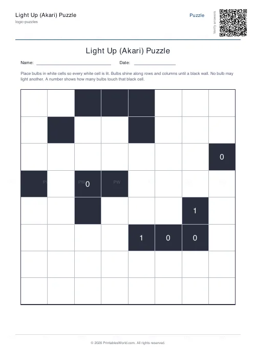 Free printable akari light up puzzle (Hard), PDF download