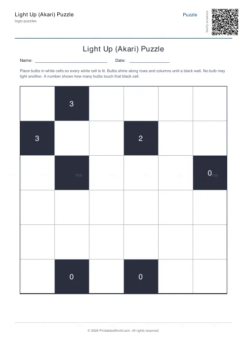 Free printable akari light up puzzle (6x6), PDF download