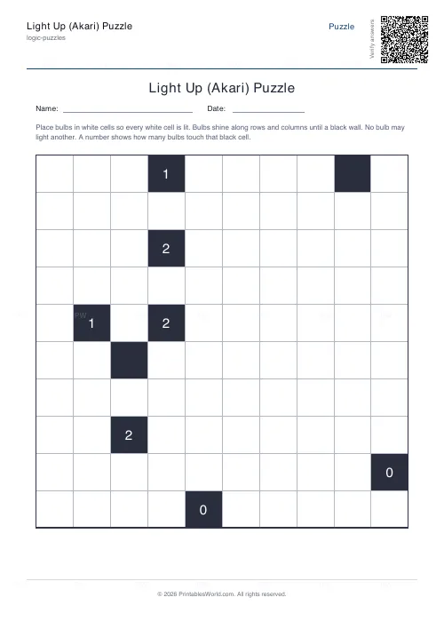 Free printable akari light up puzzle (10x10), PDF download