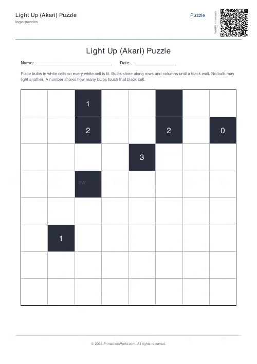 Free printable akari light up puzzle (Medium, with answer key), PDF download