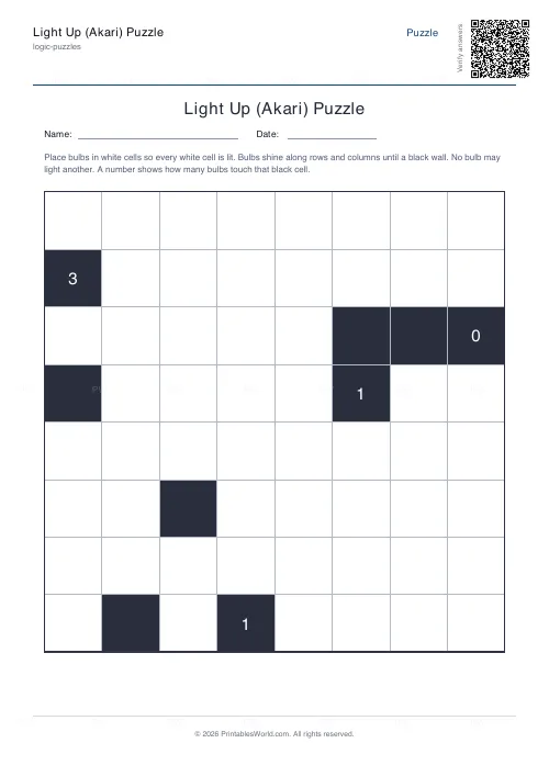 Free printable akari light up puzzle (Hard, with answer key), PDF download