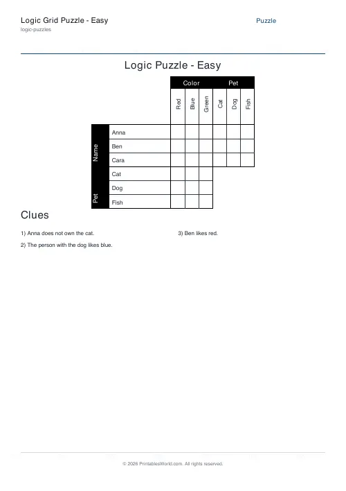 Free printable logic grid puzzle — 3 items, with answer key — PDF download