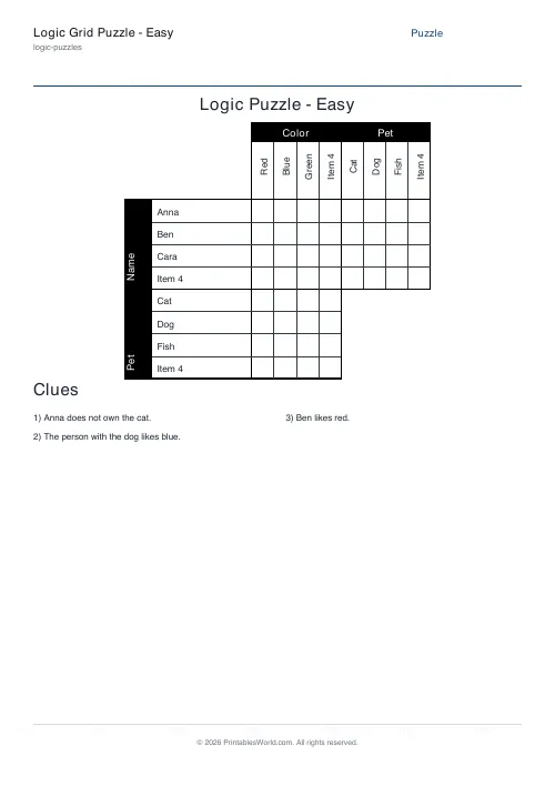 Free printable logic grid puzzle — 4 items, with answer key — PDF download