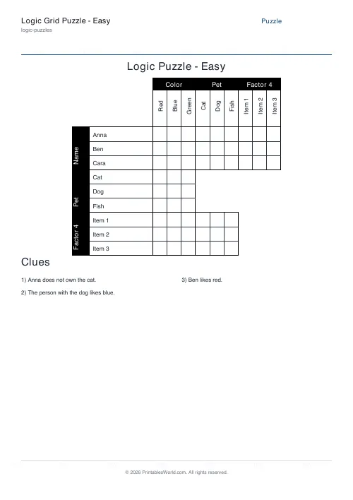 Free printable logic grid puzzle — 4 categories — PDF download
