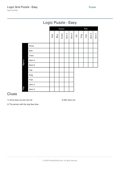 Free printable logic grid puzzle — 5 items — PDF download