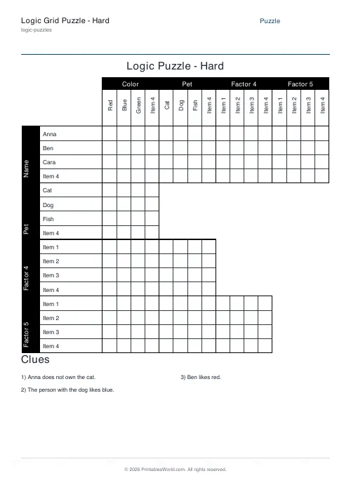 Free printable logic grid puzzle — 4 items, with answer key — PDF download