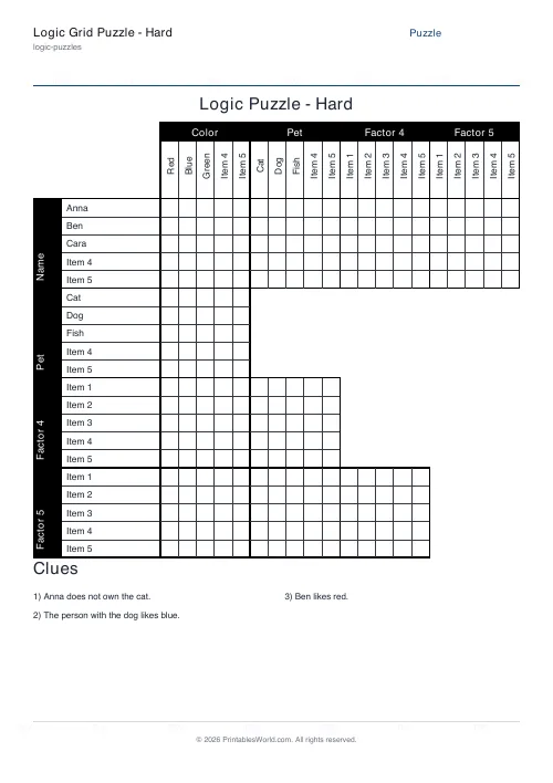 Free printable logic grid puzzle — 5 items, with answer key — PDF download