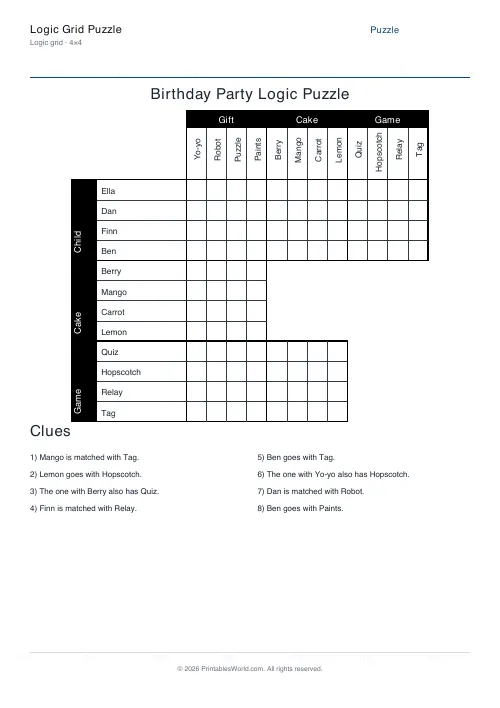 Free printable Birthday Party logic grid puzzle — 4×4 — PDF download