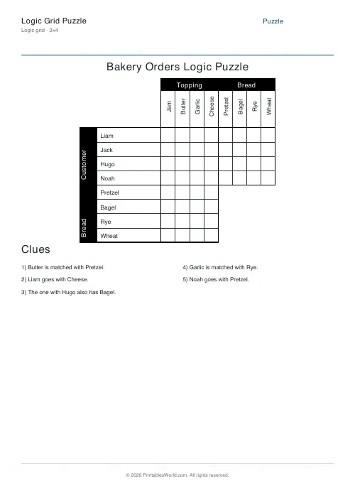Free printable Bakery Orders logic grid puzzle — 3×4 — PDF download