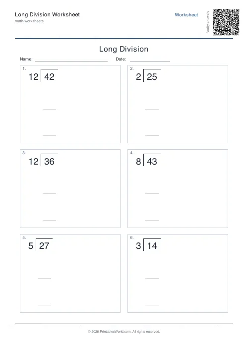 Free printable long division worksheet — 50 — PDF download