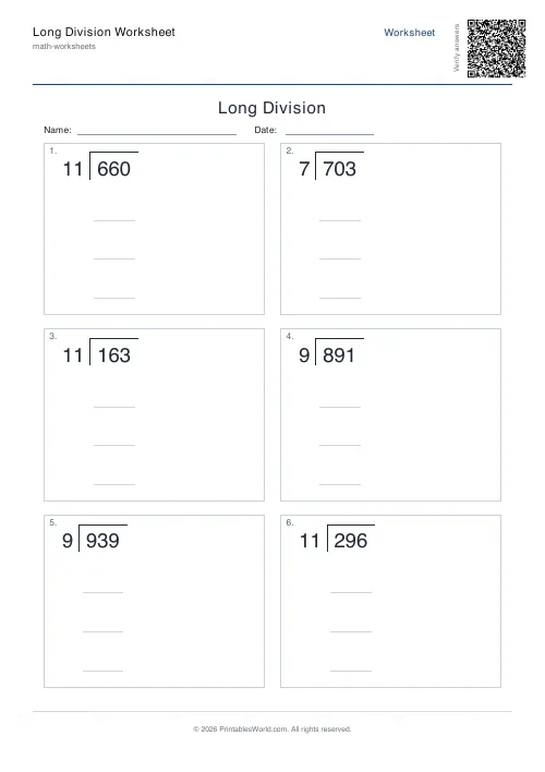 Free printable long division worksheet — 12, with answer key — PDF download