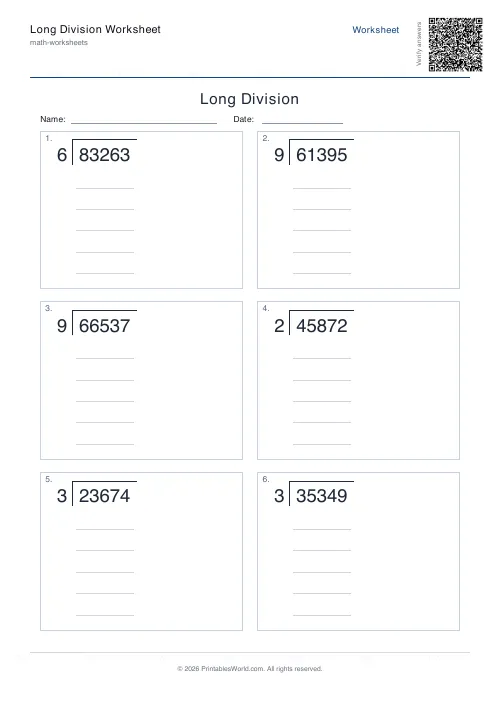 Free printable long division worksheet — 99999 — PDF download