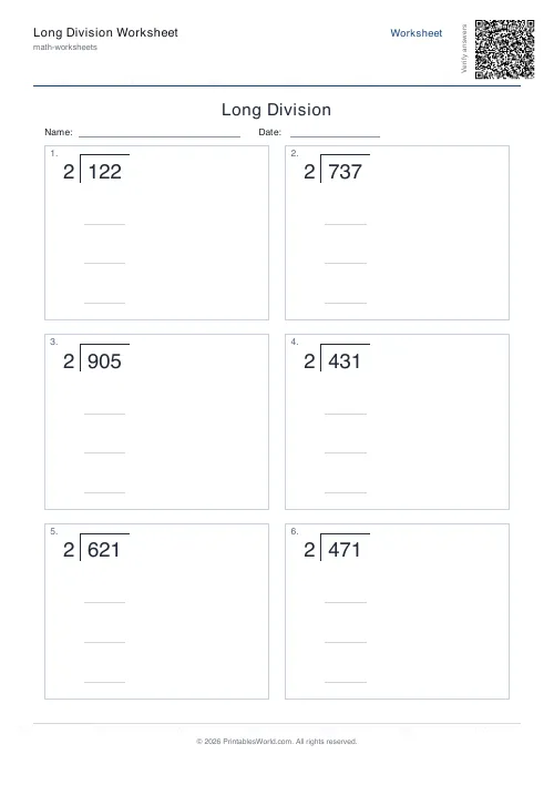 Free printable long division worksheet — 2 — PDF download